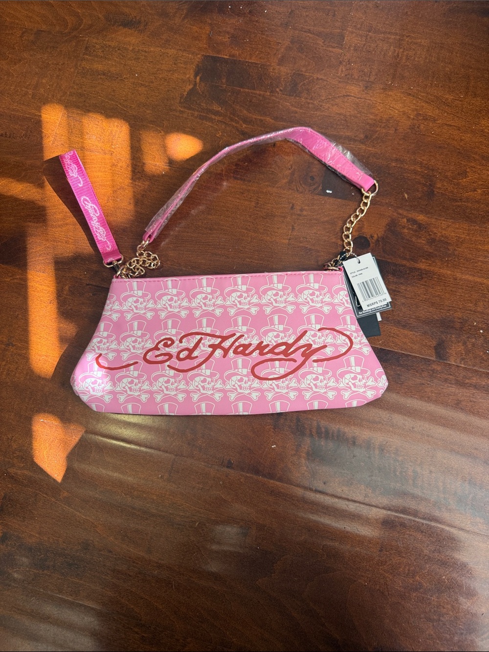 Ed Hardy Pink Logo Pattern Wristlet with Gold Chain